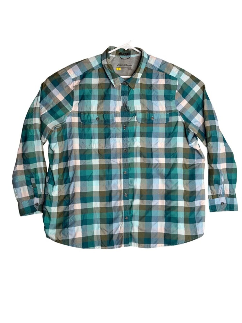 Eddie Bauer Travex Shirt Womens 2XL Green Blue Plaid Hiking Trail Button Up Top⁠